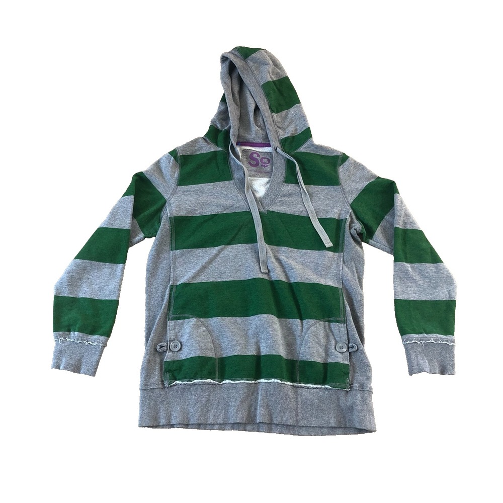 SO Brand Womens Green Gray Rugby Stripe Long Sleeve Hoodie XL Y2K Preppy‎ Casual